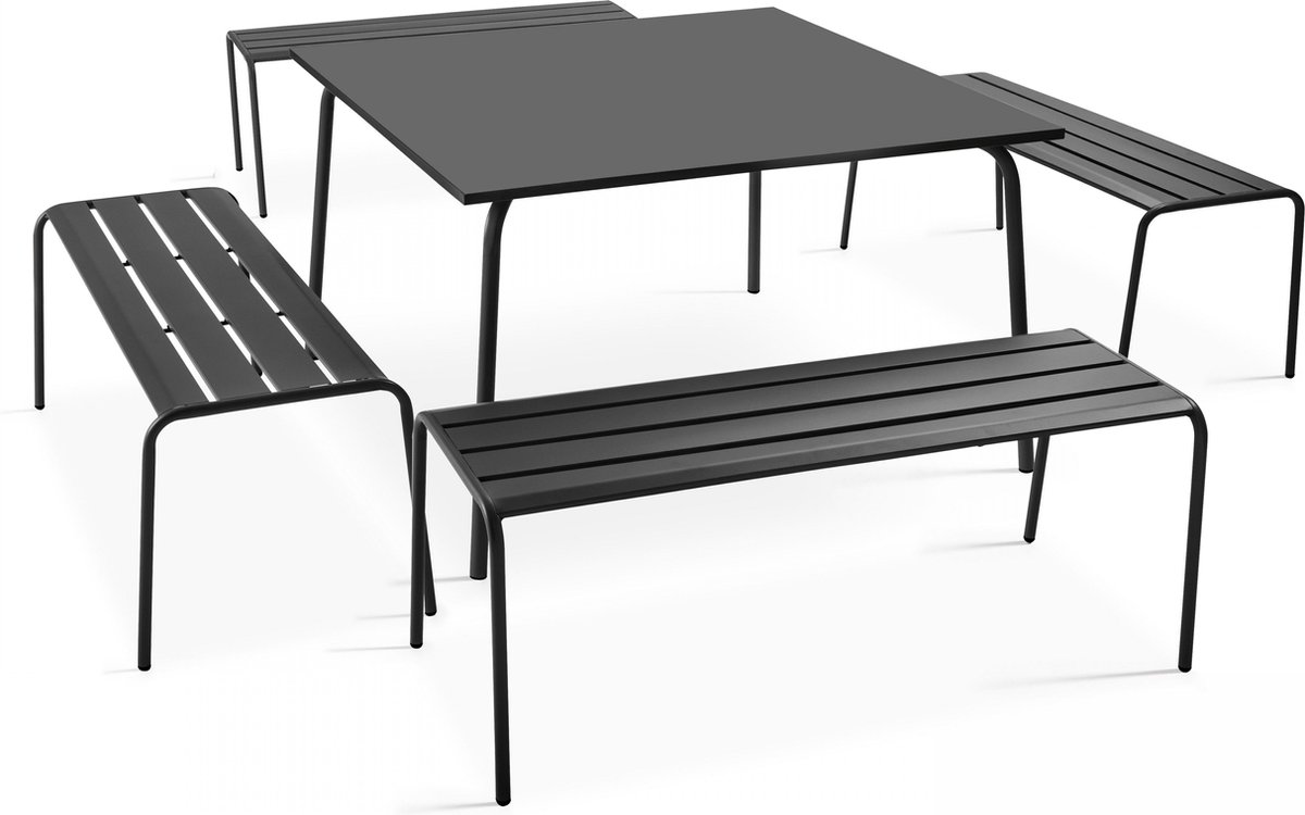 Oviala tuinset met vierkante tafel en 4 antraciet metalen banken.