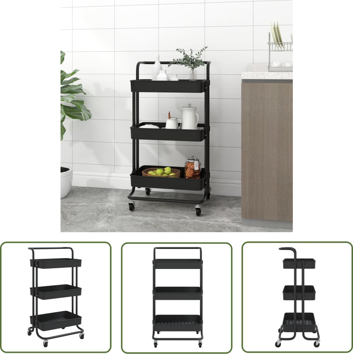 The Living Store Trolley Keuken/Badkamer/Kantoor - 42x35x85 cm - Zwart - Sterk ABS-kunststof