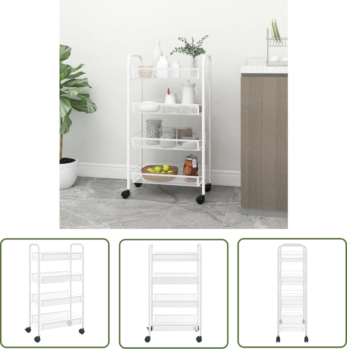 The Living Store Trolley Huishoudelijke Trolley - 46 x 26 x 85 cm - Wit IJzer Sterke Uitneembare Gaasmanden