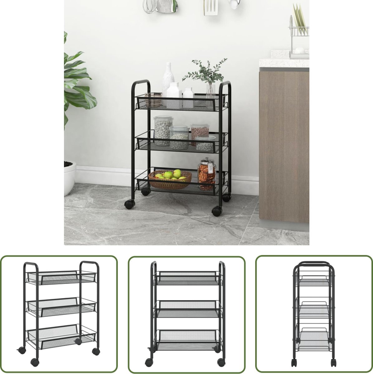 The Living Store Trolley Keuken/Badkamer/Kantoor - 46x26x64cm - IJzer Zwart