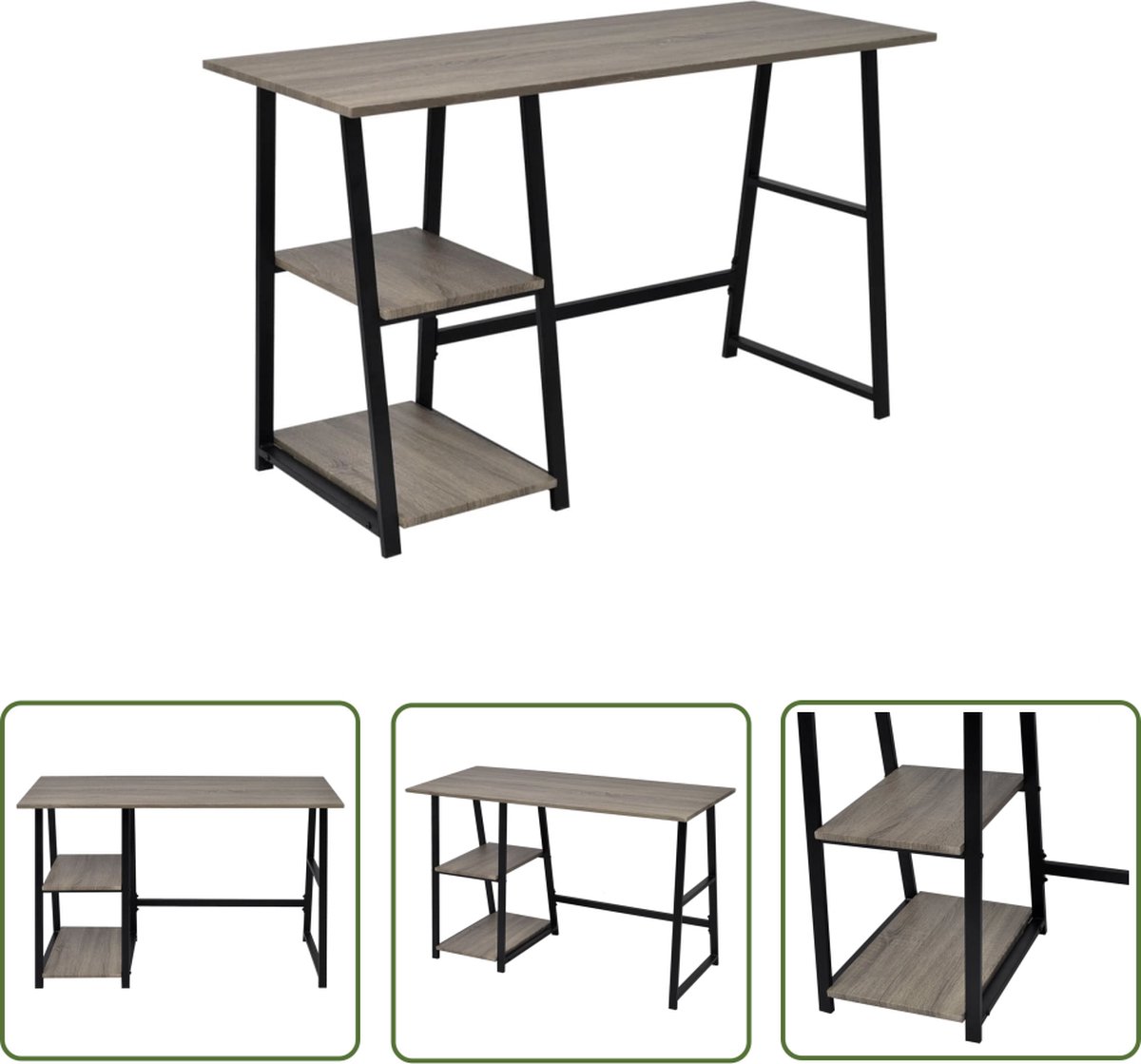 Bureau met 2 schappen - MDF en metaal - Grijs en eiken