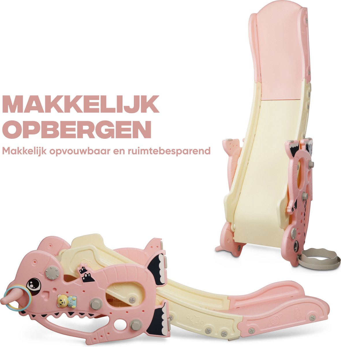 Rockerz Premium Glijbaan - Voor binnen en buiten - Speelplezier gegarandeerd - Opvouwbaar - Veilige dichte trap - Ringen spel - Basketbal ring (inclusief bal) - Muziek beertje - Kleur: Roze — afbeelding 8