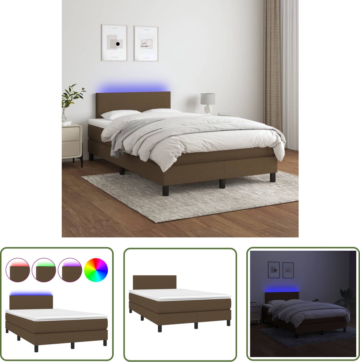 The Living Store Boxspring met matras en LED stof donkerbruin 120x200 cm - Boxspring - Donkere Bruine Boxspring - Led Boxspring - Hoofdboard - Pocketed Spring Mattress