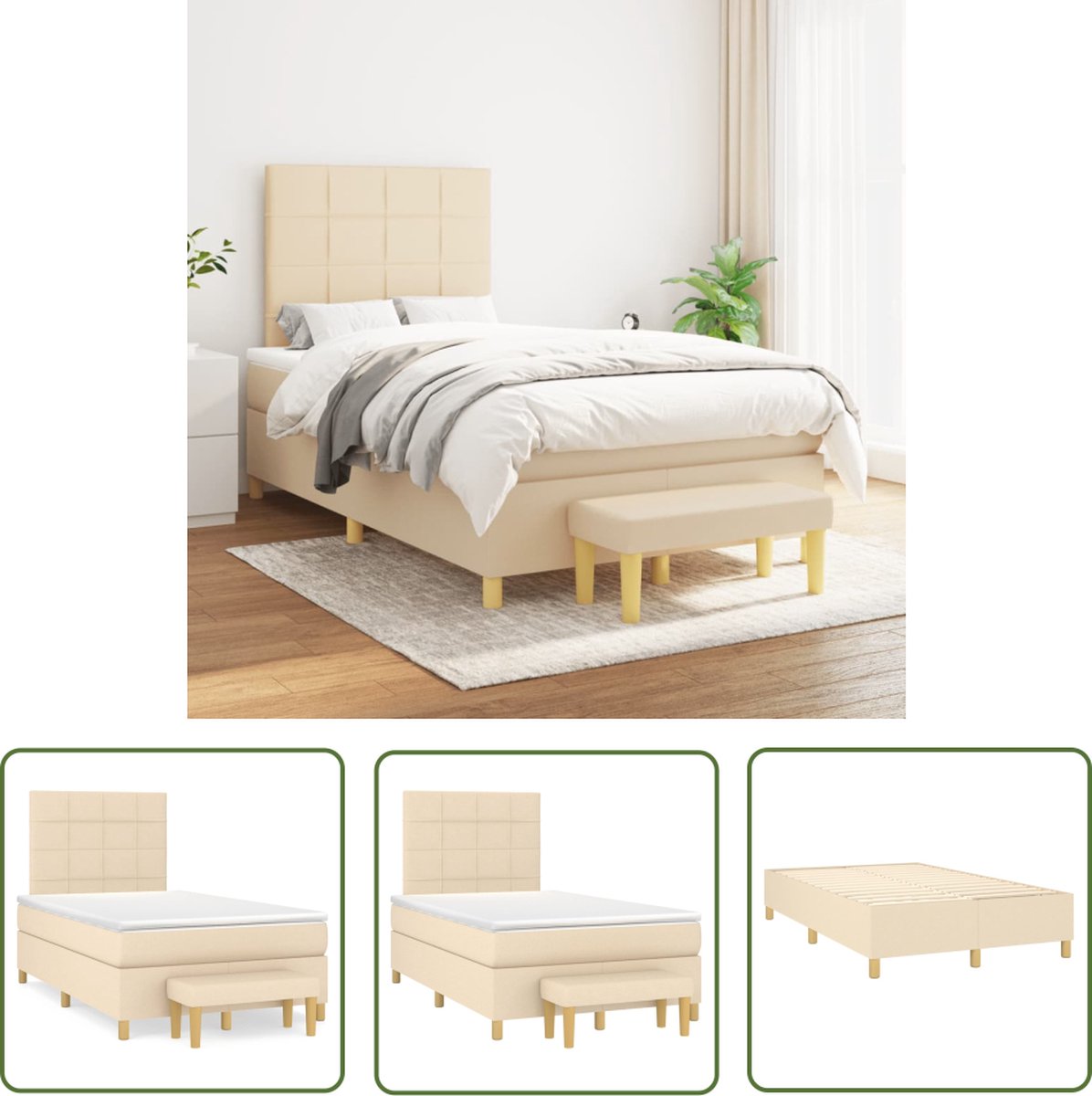 The Living Store Boxspring met matras stof crèmekleurig 120x200 cm - Boxspringbed - Boxspring - Creme Kleurig Bed - Tweepersoonsbed - Pocketveer Matras