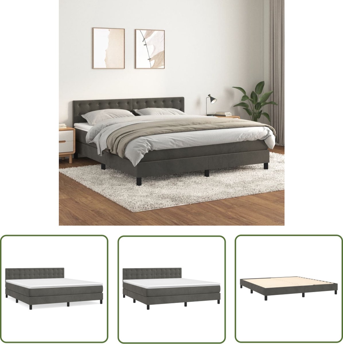 The Living Store Boxspringbed met Fluweel - Donkergrijs - 160 x 200 cm - Pocketvering