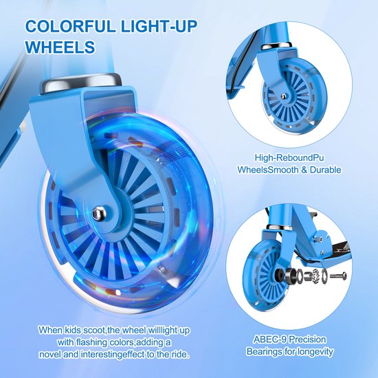 Detail van de blauwe step met lichtgevende wielen in regenboogkleuren. Tekst: "COLORFUL LIGHT-UP WHEELS".