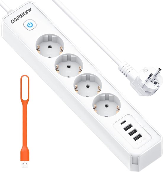 8-in-1 Stekkerdoos Met 4 USB Poorten - Wandmontage - Overspanningsbeveiliging - 3680W 1,8m Kabel