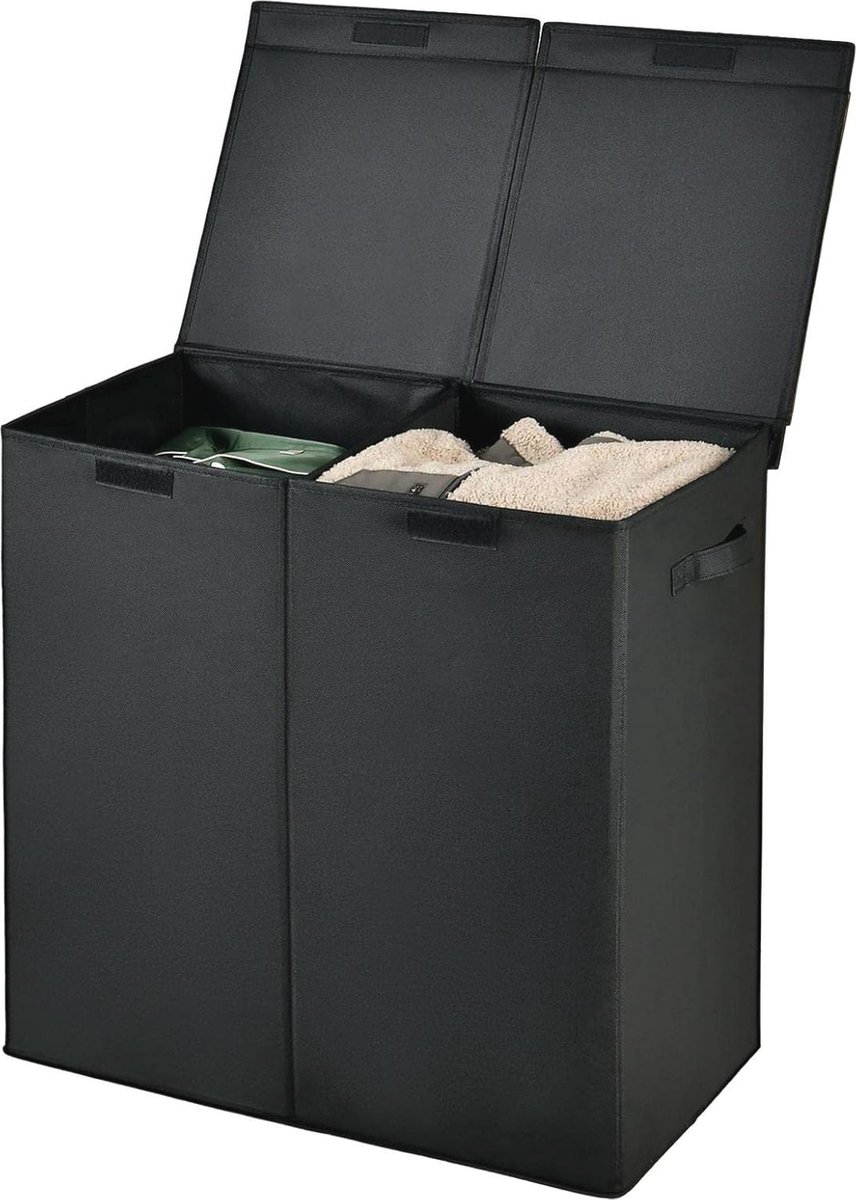 Goedkoopste Wasmand met deksel en 2 vakken, 115 l met handgrepen - Voor vuile kleding, speelgoed, handdoeken en meer