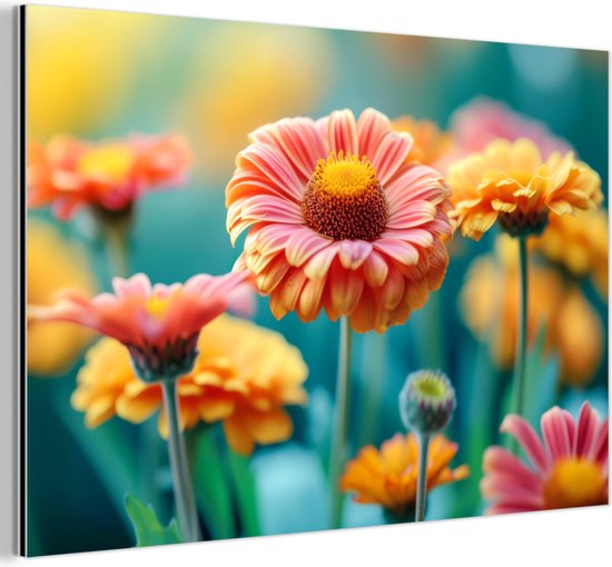 Aluminium schilderij 30x20 cm - Wanddecoratie metaal - Bloemen - Kleurrijk - Natuur - Gerbera - Metalen muurdecoratie woonkamer - Decoratie industrieel - Foto op dibond - Industriële accessoires slaapkamer