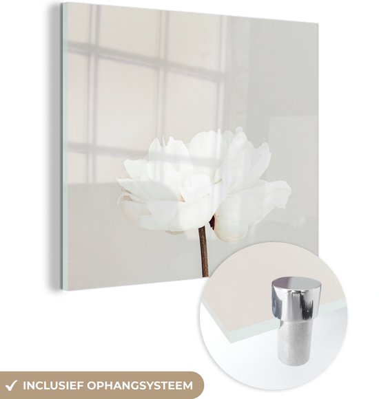 MuchoWow® Peinture sur verre 20x20 cm - Peinture sur verre acrylique - Fleurs - Pivoine - Wit - Nature morte - Photo sur verre - Décoration murale salon - Décoration murale chambre - Peintures