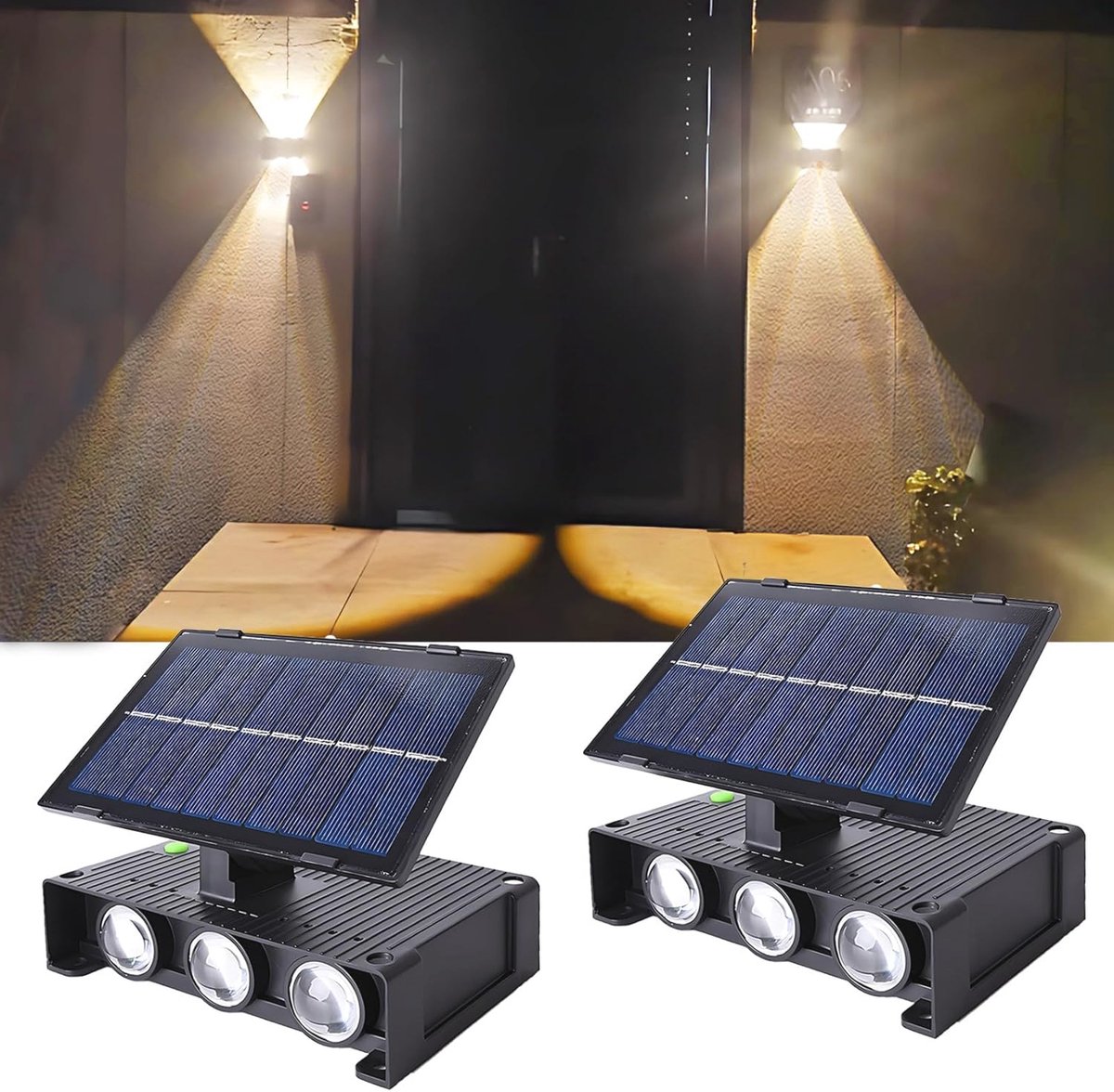 2 Stuks Wandlamp op Zonne-Energie voor Buiten - 6 Warme LED's en Instelbaar Zonlicht