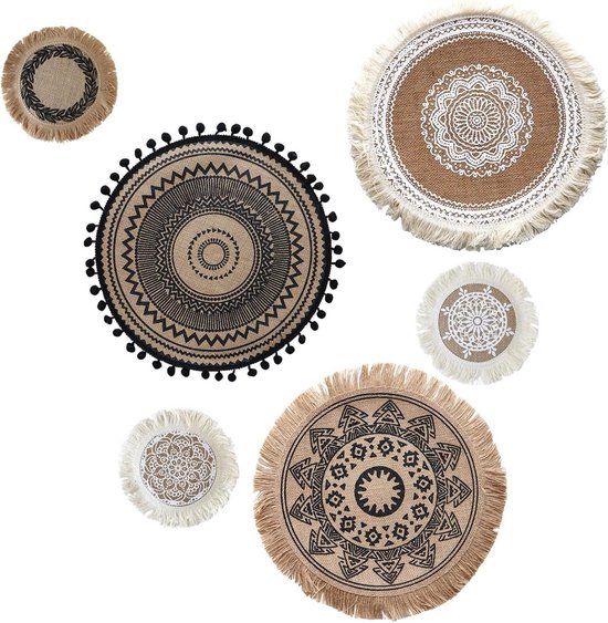 Foto: Jute boho muurdecoratie set van 6 platte ronde macram boheemse mandala muurkunst rustieke slaapkamer woonkamer decoratie boheemse stijl aesthetic handgemaakt