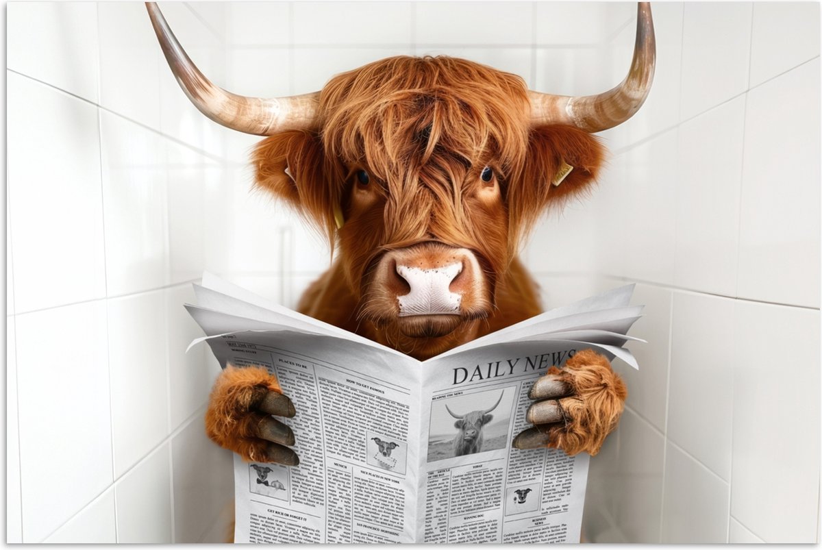 Poster 30x20 cm - Schotse Hooglander - Dier - Krant - Toilet - Posters - Wanddecoratie bad