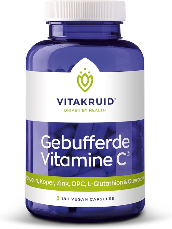 Blauwe pot met witte dop. Label 'Vitakruid Gebufferde Vitamine C' met 180 vegan capsules.