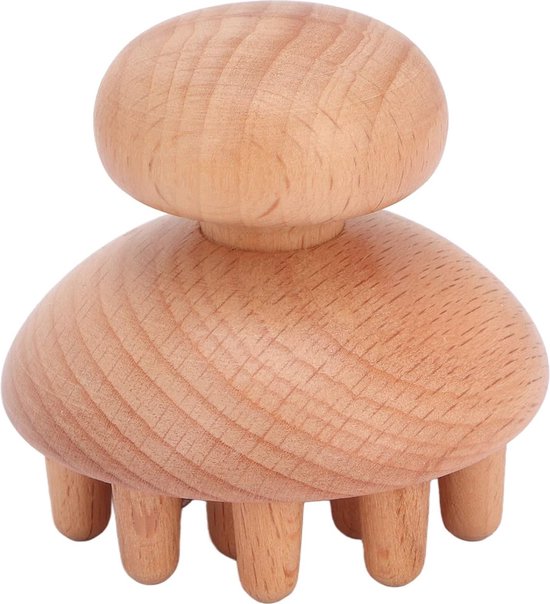 Houten massageapparaat met paddenstoelvormige handgreep en vier pootjes, op een witte achtergrond.