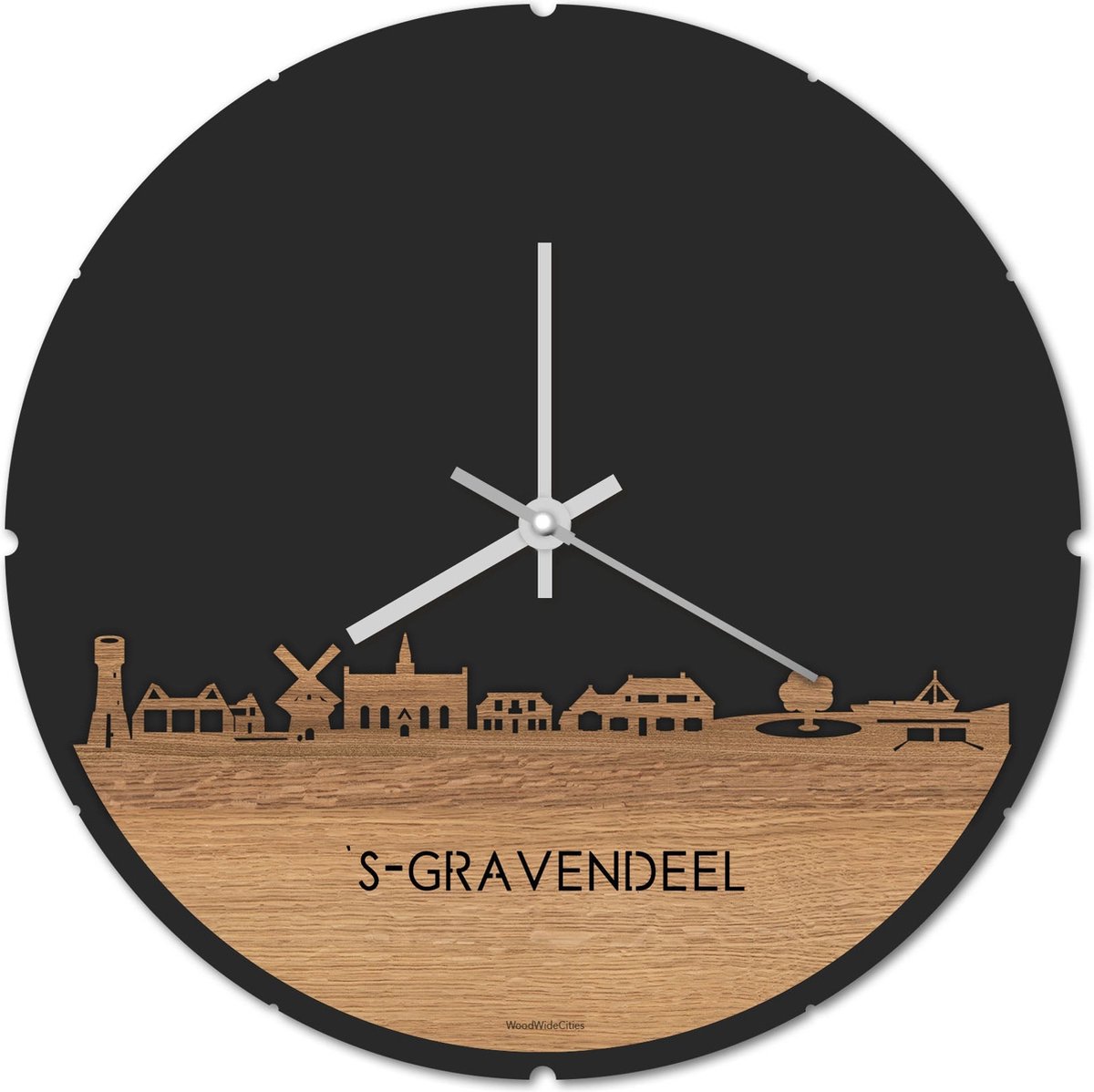 Skyline Klok Rond 's-Gravendeel Eikenhout - Ø 44 cm - Stil uurwerk - Wanddecoratie - Meer steden beschikbaar - Woonkamer idee - Woondecoratie - City Art - Steden kunst - Cadeau voor hem - Cadeau voor haar - Jubileum - Trouwerij - Housewarming -