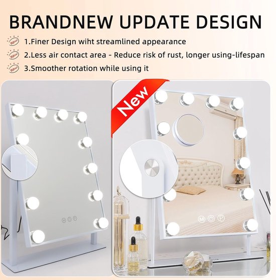 FENCHILIN Hollywood mirror makeup mirror with lights 12 dimmable LED lamps 360° swivel makeup mirror with 3 light colors 10x magnification touch control white 30x41cm