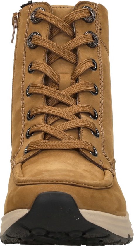 Bruine hoge veterschoen, vooraanzicht, met veters en rits.
