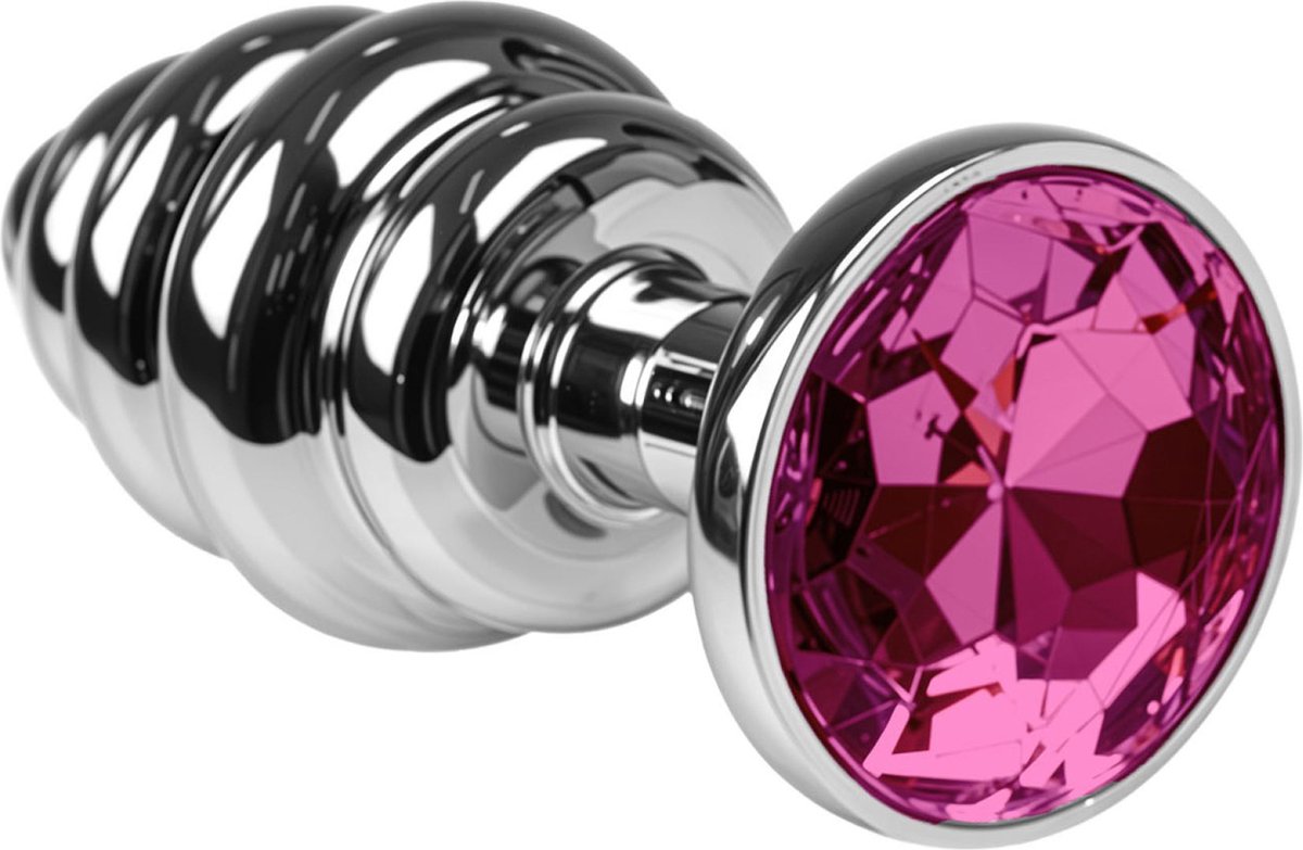 Goedkoopste Cupitoys® Metalen buttplug - Zilver - Diamant lichtroze - Geribbeld - Small - Sex toys voor vrouwen - Sex toys voor mannen - Buttplugs