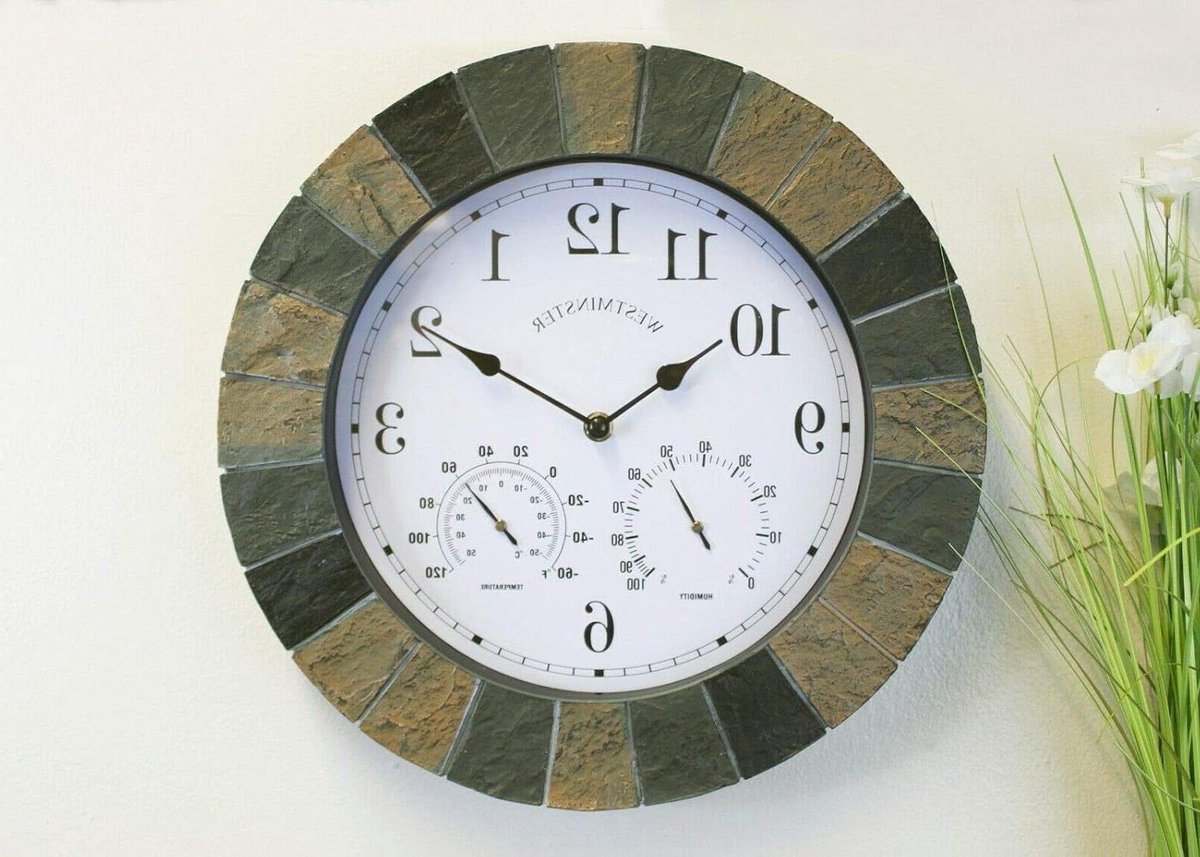 Moderne ronde wandklok met leisteeneffect - elektrisch bediend - waterdicht en weerbestendig - grote tuinklok - decoratieve ornamentklok - binnen en buiten - woondecoratie