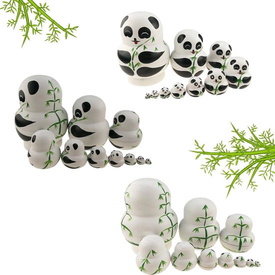 Set van 10 Grote Buik Houten Handgemaakte Panda Beer met Bamboe Matroesjka Russische Pop in een Doos， Strik voor Kinderen Speelgoed Nieuwjaar，Schattige dieren thema zwart en wit panda ei vorm houten handgemaakte matroesjka poppen set — afbeelding 2