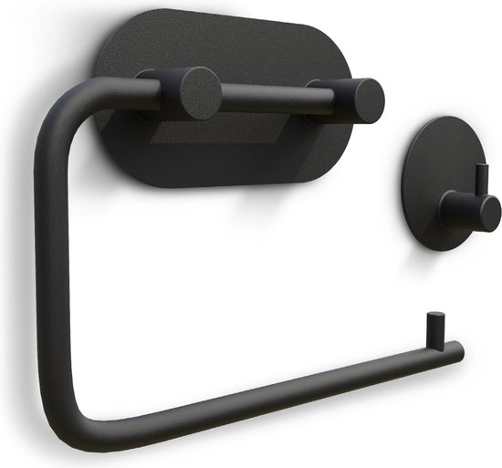 Trendfield Toiletrolhouder RVS + Handdoekhaakje Rond - Zelfklevend Zonder Boren - Zwart
