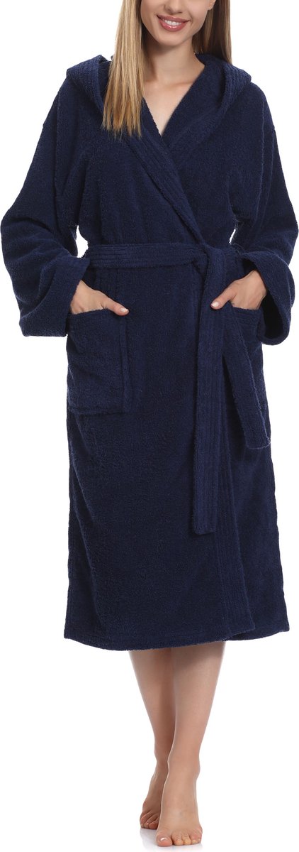 Ladeheid Dames Badjas met Capuchon - 100% Katoen - Wasmachine bestendig - Badstof - Donkerblauw - S - LA-LA40-193-DG