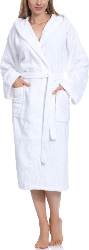 Ladeheid Dames Badjas met Capuchon - 100% Katoen - Wasmachine bestendig - Badstof - Wit - XXL - LA-LA40-193-DG