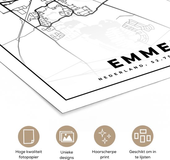 Gros plan d'un affiche carte d'Emmen en noir et blanc.