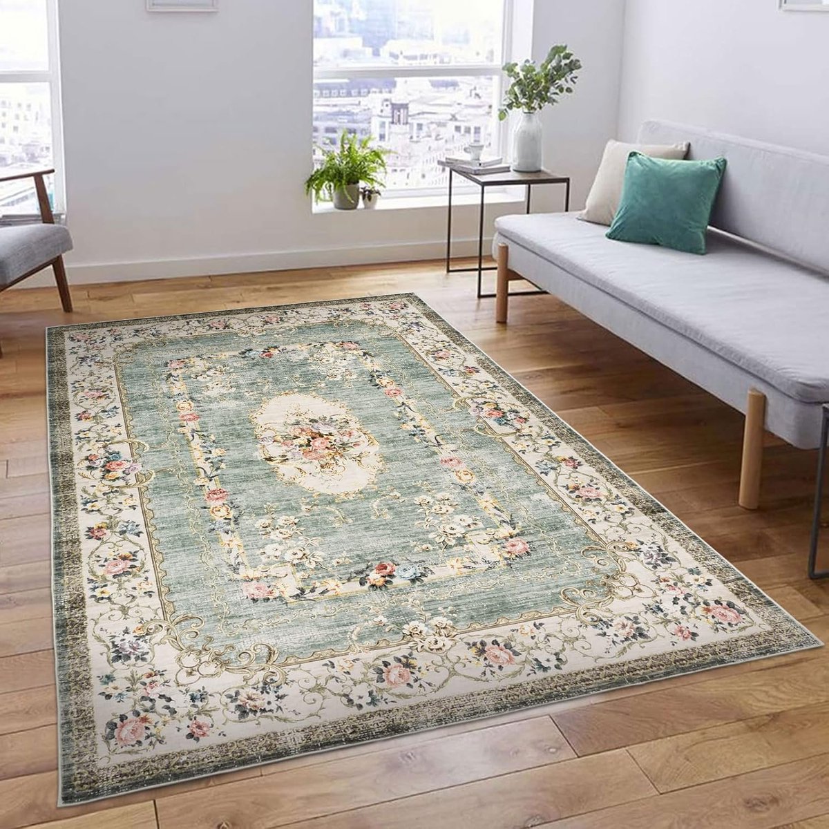 Goodivery ® Wasbare Antislip Vloerkleed met Bloemenpatroon voor Woonkamer en Slaapkamer, 190 x 280 cm, Groen