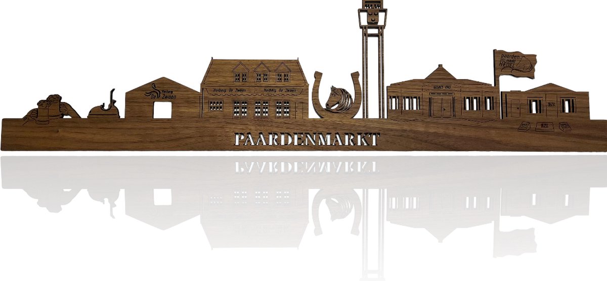Skyline van Paardenmarkt Hedel - Notenhout - 150cm - Wanddecoratie van hout