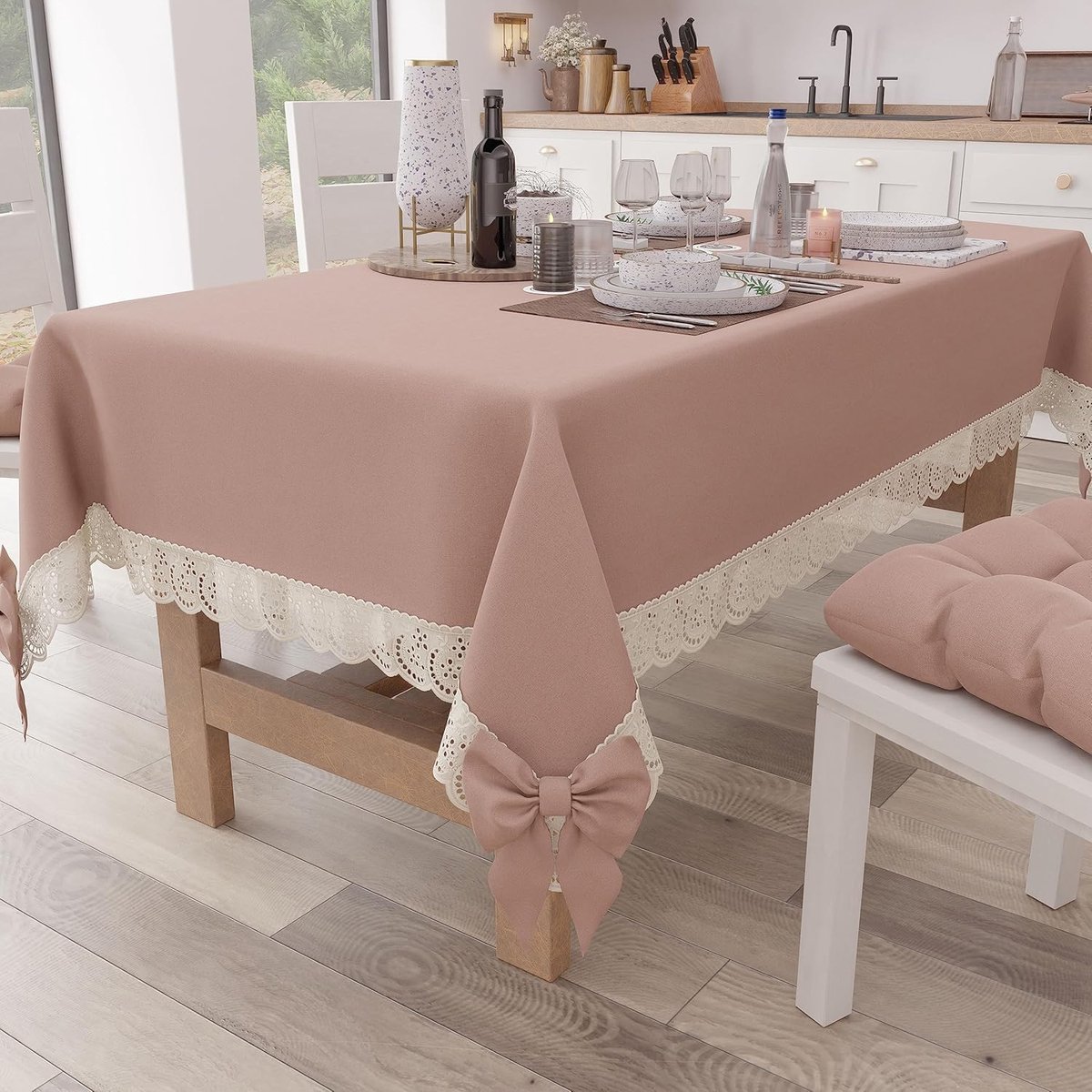 Goodivery ® Elegante Rechthoekige Tafelkleed met Kant en Strikken - 12 Personen - 140 x 240 cm