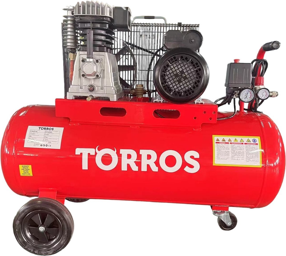 Mobiele compressor riemaandrijving met olie ketel 100 L 2,2 kW / 3 Pk 10 bar 400 l/min 230 V Torros TC1004010M