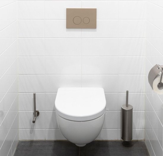 Taupe bedieningsplaat met twee ronde knoppen boven een witte toiletpot in een betegelde ruimte.