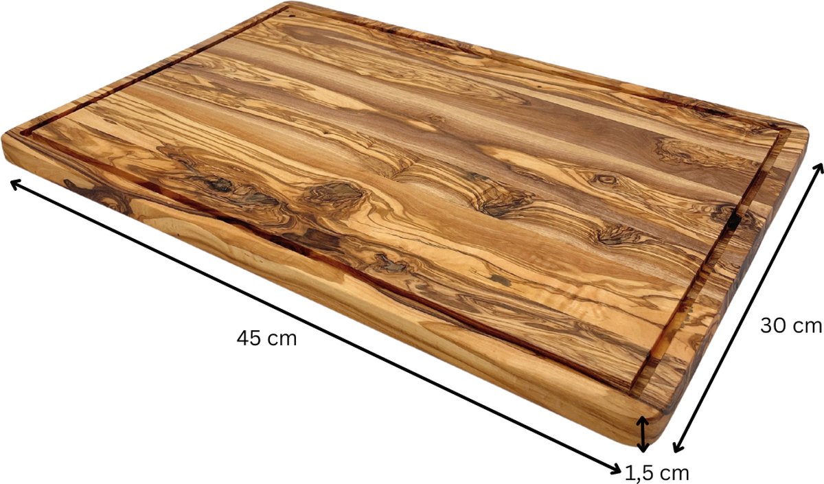 DAS OLIVENHOLZBRETT® Snijplank van olijfhout met sapgoot en handvat in natuurlijke snede/steakplank van olijfhout/serveerplank/kaasplank, rustiek ca. 50-54 cm lang