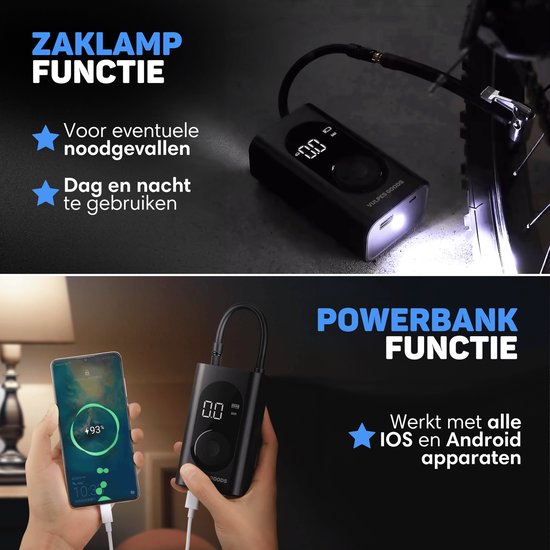Vulpes Goods® Tech - Draagbare Compressor Bandenpomp - 6400mAh - Elektrische Fietspomp - Luchtcompressor voor Auto, Scooter, Fiets, Bal en Luchtbed - Incl. 7 opzetstukken - Zaklamp - Powerbank - Reiskoffer - PRO — afbeelding 5