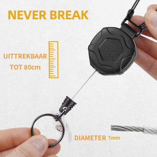 Intrekbare sleutelhanger, roestvrijstalen intrekbare sleutelhangers Badgehouder Sleutelrol sleutelhanger met 60 cm staaldraad