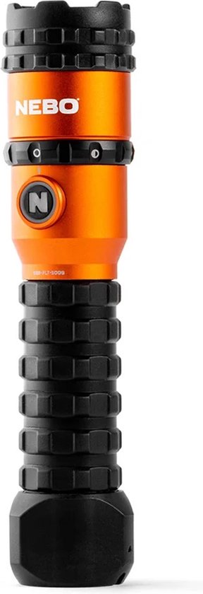 Oranje NEBO zaklamp met geribbelde grip, een knop met 'N' en een verstelbare ring.