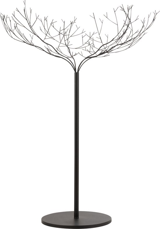 Arbre décoratif en métal noir avec des branches étalées sur une base ronde.