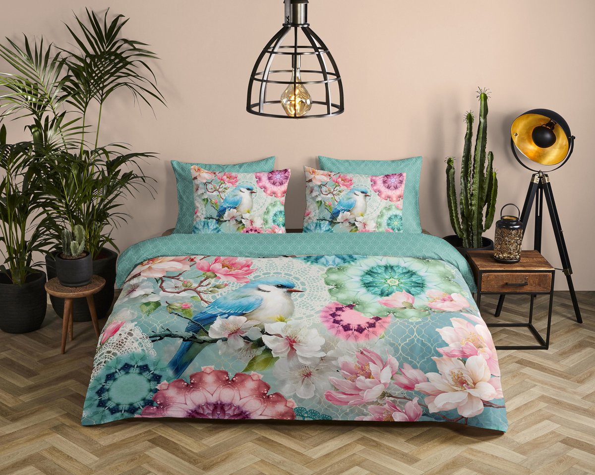 HIP dekbedovertrek mandalas, bloemen & vogel - Lits jumeaux 240x200/220 cm - Mint - 100% Katoen satijn