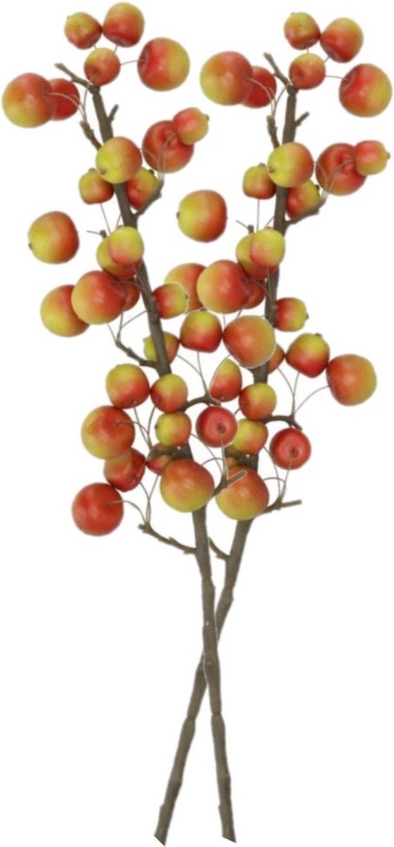 DK design Kunstbloem fruit tak met appels - 2x - 66 cm - rood/groen - Kunst zijdebloemen - herfst takken Multi
