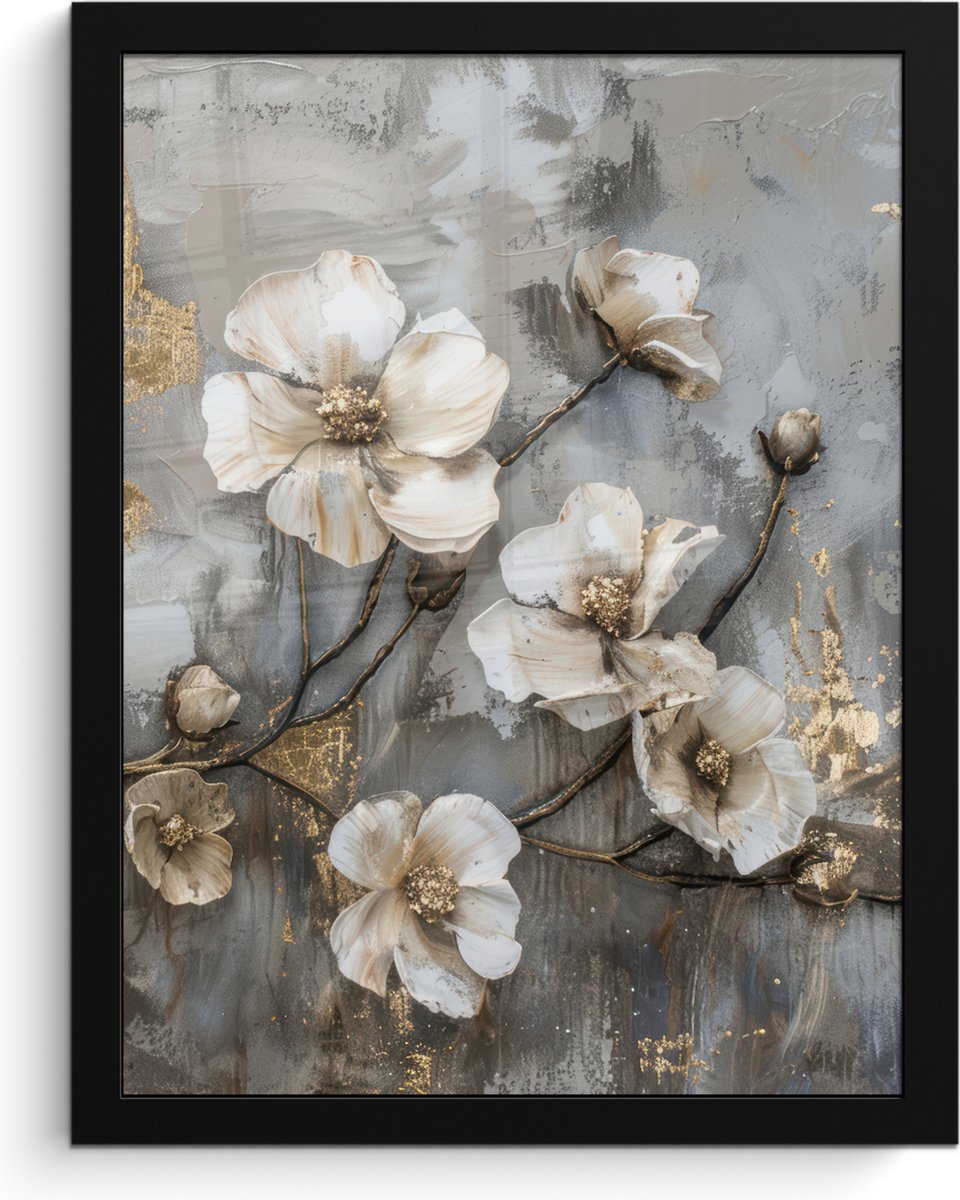 FrameYourWall Poster in lijst - Fotolijst 30x40 cm - Posters - Bloemen - Wit - Grijs - Goud - Luxe - Posterlijst zwart - Decoratie - Wanddecoratie woonkamer - Muurdecoratie slaapkamer