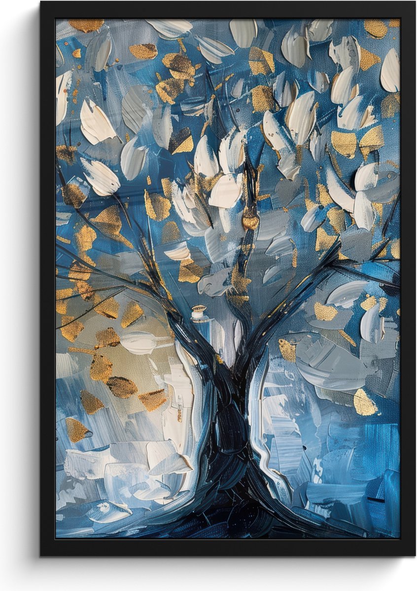FrameYourWall Poster in lijst - Fotolijst 40x60 cm - Posters - Boom - Blauw - Goud - Abstract - Posterlijst zwart - Decoratie - Wanddecoratie woonkamer - Muurdecoratie slaapkamer Blauw - Levensboom