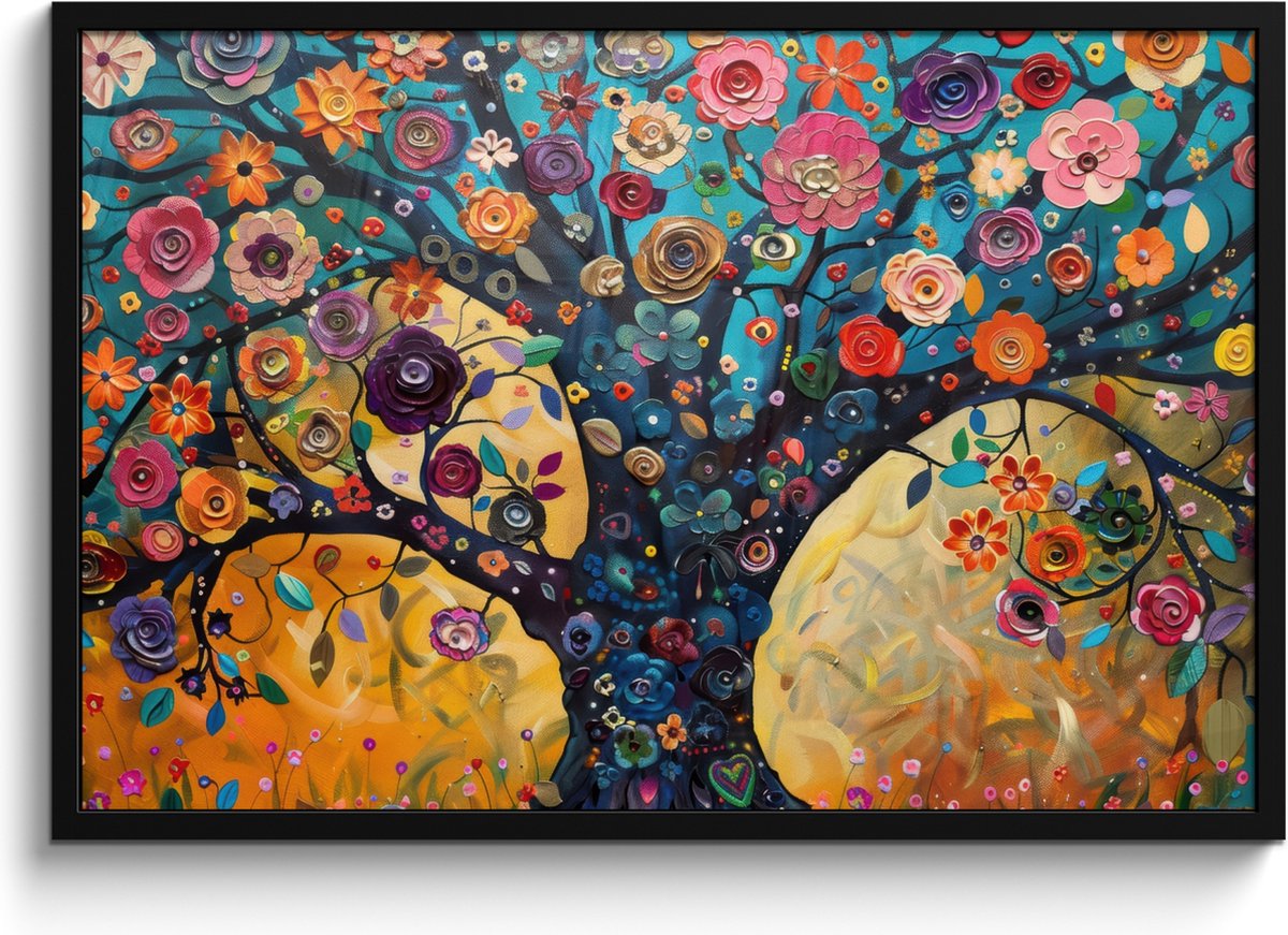 FrameYourWall Poster in lijst - Fotolijst 90x60 cm - Posters - Boom - Levensboom - Kleurrijk - Bloemen - Modern - Posterlijst zwart - Decoratie - Wanddecoratie woonkamer - Muurdecoratie slaapkamer