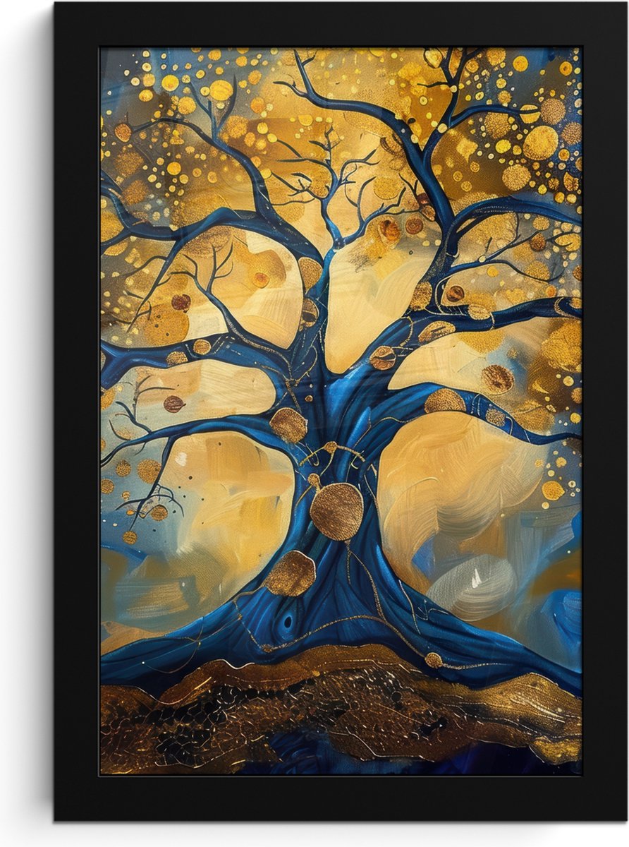 FrameYourWall Poster in lijst - Fotolijst 20x30 cm - Posters - Boom - Levensboom - Blauw - Goud - Posterlijst zwart - Decoratie - Wanddecoratie woonkamer - Muurdecoratie slaapkamer Goud - Blauw