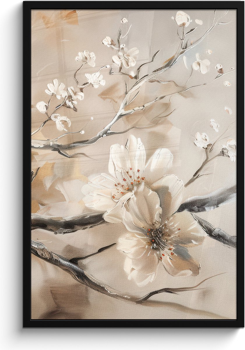 FrameYourWall Poster in lijst - Fotolijst 60x90 cm - Posters - Bloemen - Natuur - Wit - Bloesem - Abstract - Posterlijst zwart - Decoratie - Wanddecoratie woonkamer - Muurdecoratie slaapkamer