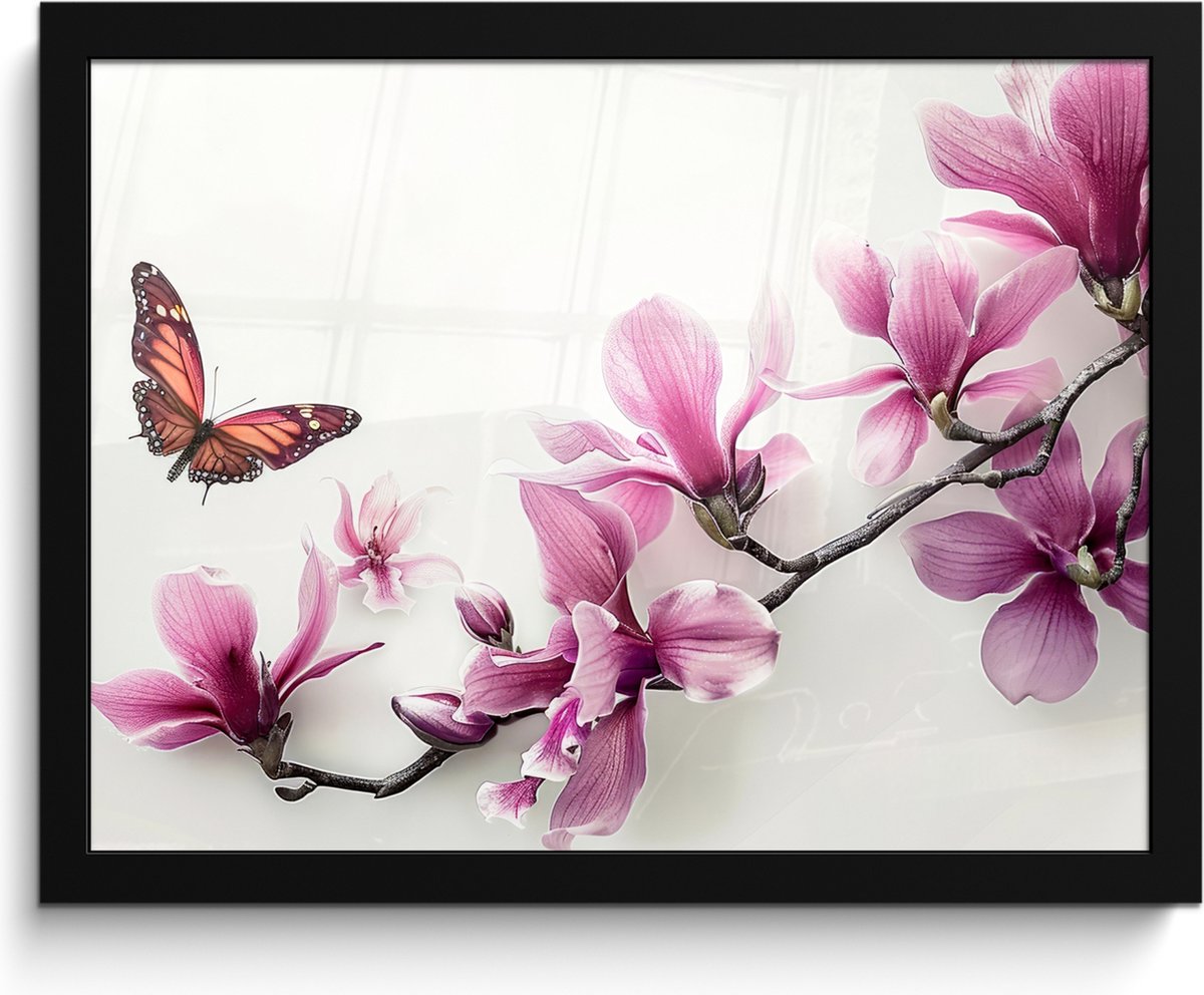 FrameYourWall Poster in lijst - Fotolijst 40x30 cm - Posters - Bloesem - Vlinder - Roze - Natuur - Wit - Posterlijst zwart - Wanddecoratie badkamer - Muurdecoratie WC - Decoratieve accessoires - Toilet muur decoratie Bloem - Vlinder