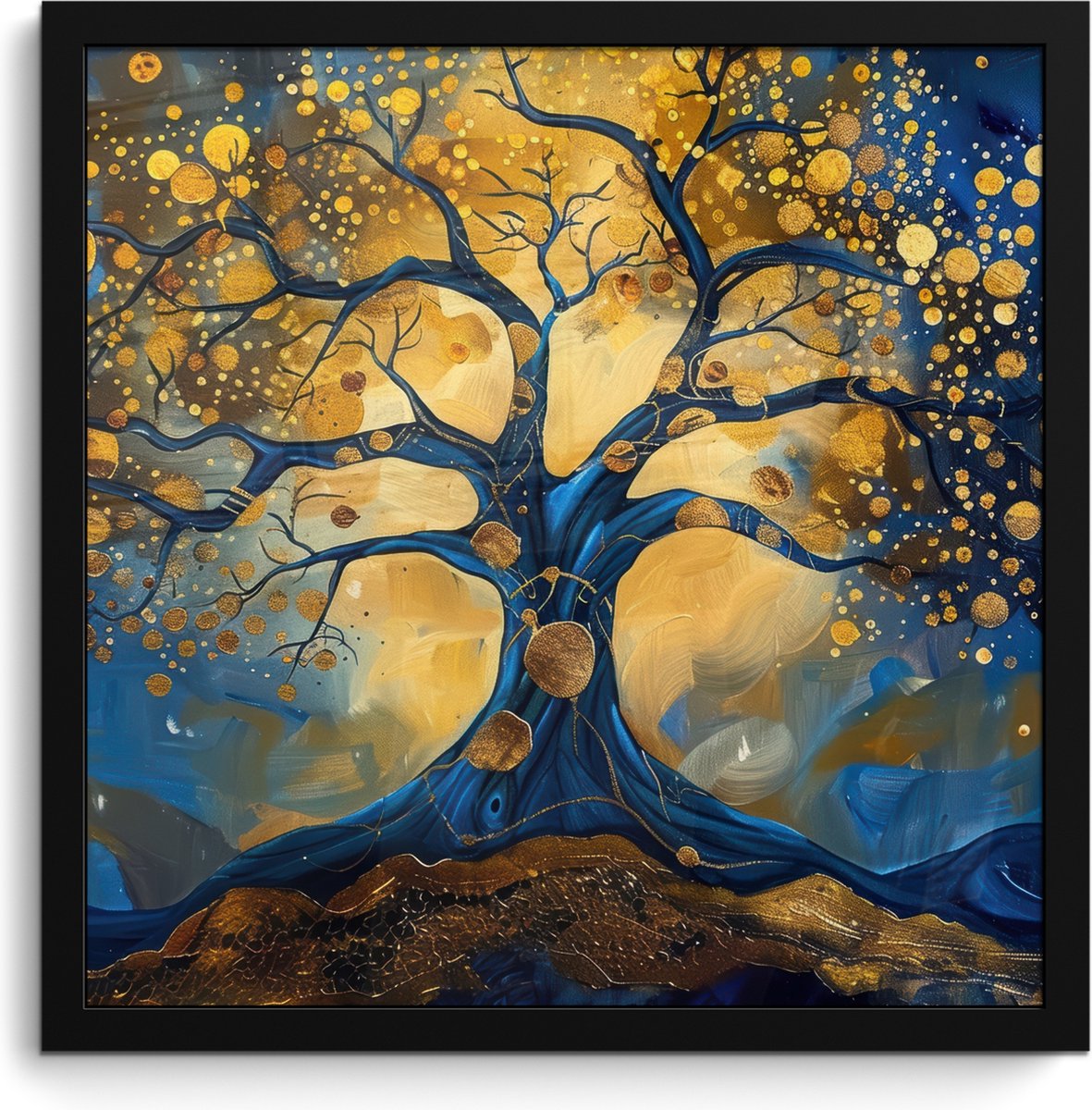 FrameYourWall Poster in lijst - Fotolijst 40x40 cm - Posters - Boom - Levensboom - Blauw - Goud - Posterlijst zwart - Decoratie - Wanddecoratie woonkamer - Muurdecoratie slaapkamer Goud - Blauw
