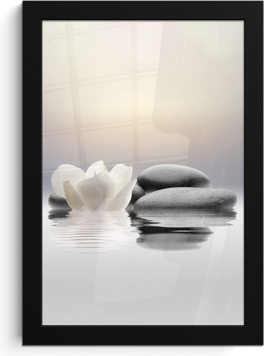 FrameYourWall Poster in lijst - Fotolijst 20x30 cm - Posters - Stenen - Lotus - Wit - Water - Zen - Posterlijst zwart - Wanddecoratie badkamer - Muurdecoratie WC - Decoratieve accessoires - Toilet muur decoratie Stenen - Bloem