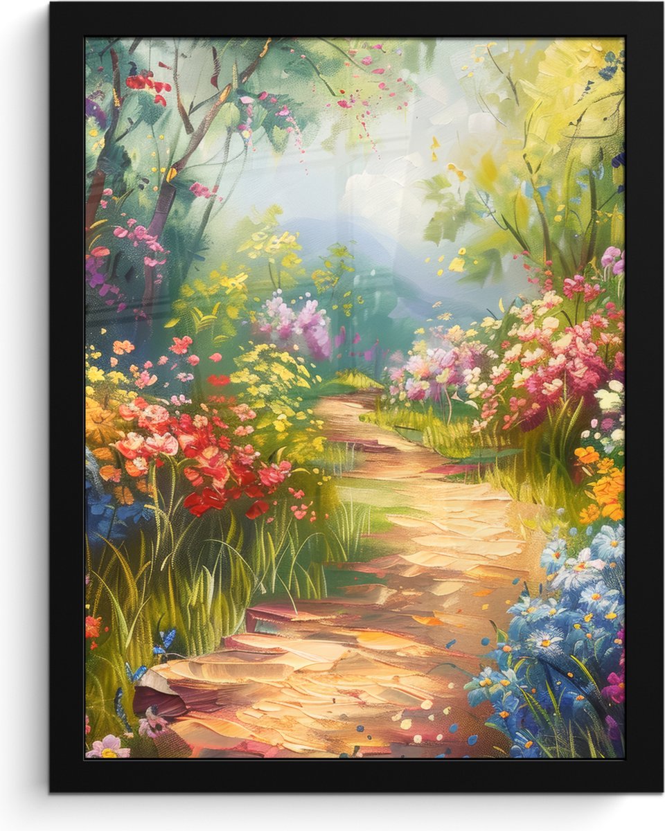 FrameYourWall Poster in lijst - Fotolijst 30x40 cm - Posters - Natuur - Landschap - Bloemen - Kleurrijk - Posterlijst zwart - Decoratie - Wanddecoratie woonkamer - Muurdecoratie slaapkamer Bloemen landschap